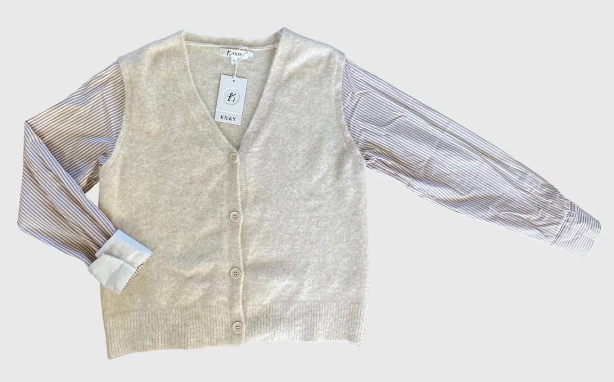 Gilet duveteux à manches chemise rayées · Écru / Beige